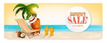 Summer sale banner with a beach vacation background. Vector.