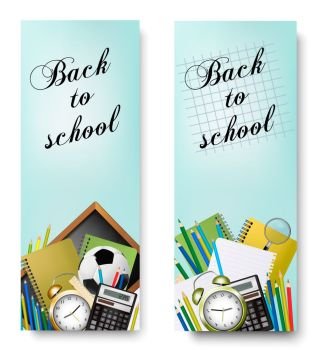 Two Back to School banners With Supplies Tols and Chalkboard. Layered Vector