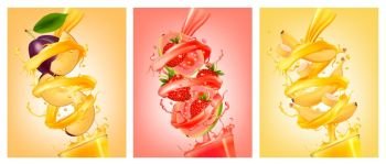 Set of labels of of fruit in juice splashes. Plum, guava, strawberry,banana. Vector.