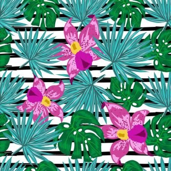 Seamless pattern with tropical flowers. Seamless pattern with tropical orchid and heliconia flowers and palm leaves on white background.