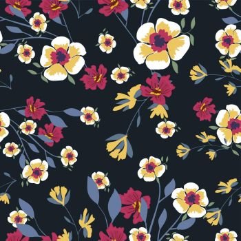Seamless pattern with small flowers on a dark background. Seamless pattern with small flowers on a dark background. Modern fashionable floral texture for fabric, wallpaper, interior, tiles, print, textiles, packaging and various types of design. Trendy floral background. Vector illustration.