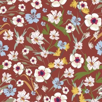 Seamless pattern with small flowers on a dark background. Seamless pattern with small flowers on a bordo red background. Modern fashionable floral texture for fabric, wallpaper, interior, tiles, print, textiles, packaging and various types of design. Trendy floral background. Vector illustration.