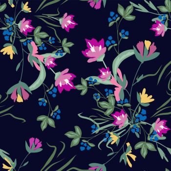 Seamless pattern with small flowers on a dark background. Seamless pattern with small flowers on a dark background. Modern fashionable floral texture for fabric, wallpaper, interior, tiles, print, textiles, packaging and various types of design. Trendy floral background. Vector illustration.