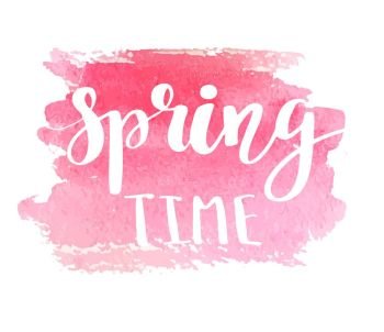 Hand lettered style spring design on a grungy background with green ink blots. Spring Time hand drawn calligraphy letters.. Hand lettered style spring design on a pink watercolor painted background. Spring Time hand drawn calligraphy letters.