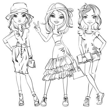 Vector SET of cute fashionable girls. Black and white set of cute beautiful girls in t-shirt and skirt, shorts, with ribbon in his hair or hat and bag