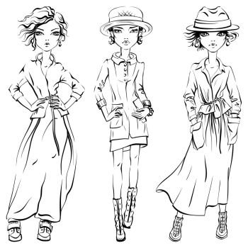 Vector SET of cute fashionable girls. Black and white set of cute beautiful girls in jacket, coat and skirt, hat and boots