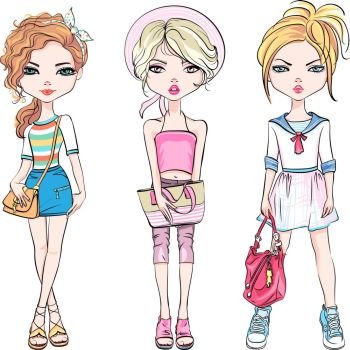 Vector SET of cute fashionable girls. Cute beautiful girls in t-shirt and skirt, shorts, with ribbon in his hair or hat and bag