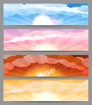 Set of four colorful banners showing skies at different times of the day. Vector illustration.