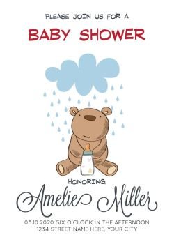 delicate customizable baby shower card template with teddy bear toy, vector format