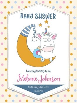 Beautiful baby shower card template with lovely baby unicorn, vector format