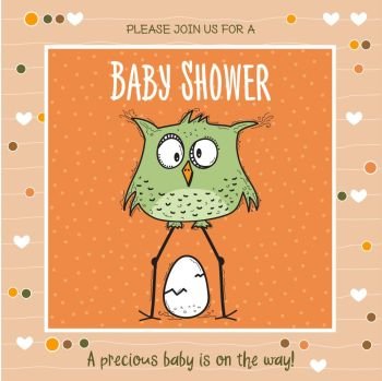 Funny girl with hearts. Doodle cartoon character.. baby shower card template with funny doodle bird, vector format