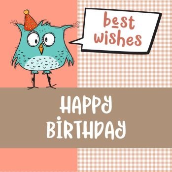 happy birthday card  with funny doodle bird, vector format
