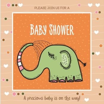 Funny girl with hearts. Doodle cartoon character.. baby shower card template with funny doodle elephant, vector format