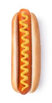 Hot dog with mustard isolated on white background. Hot dog with mustard
