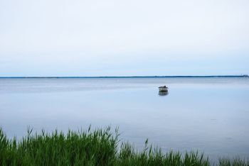 Solitude small boat in calm water by the coast of the swedish island Oland in the Baltic Sea