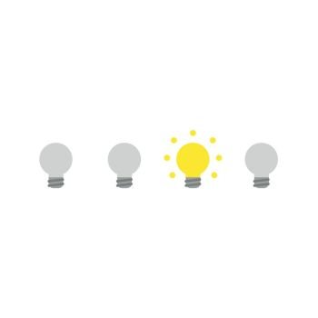 Flat design vector illustration concept of four light bulb symbol icons and one of them turn on and glowing on white background.