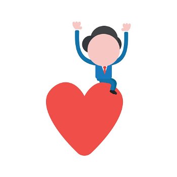 Vector businessman character sitting on heart. Vector illustration of faceless businessman character sitting on red heart.