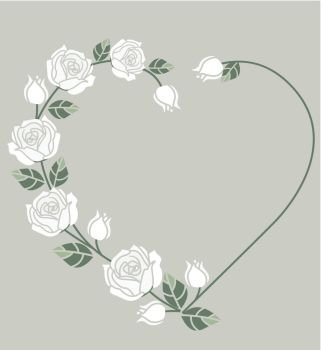 Background with white roses. Vector illustration Decorative frame with white roses on white background. Heart of roses