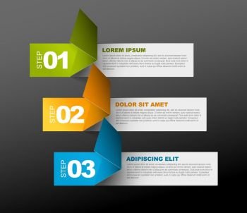 Three steps template. Vector Paper Progress template with three steps - green, orange and blue on dark background