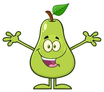 Happy Pear Fruit With Green Leaf Cartoon Mascot Character With Open Arms For Hugging. Illustration Isolated On White Background