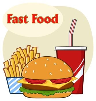 Fast Food Hamburger Drink And French Fries Cartoon Drawing Simple Design. Illustration Isolated On White Background With Text Fast Food