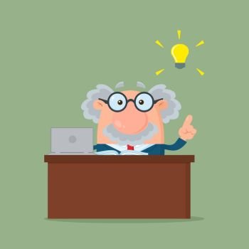Professor Or Scientist Cartoon Character Behind Desk With A Big Idea. Illustration Flat Design With Background
