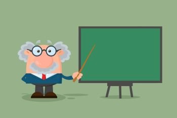 Professor Or Scientist Cartoon Character With Pointer Presenting On A Board. Illustration Flat Design With Background
