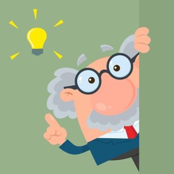 Professor Or Scientist Cartoon Character Looking Around Corner With A Big Idea. Illustration Flat Design With Background