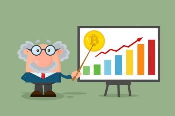 Professor Or Scientist Cartoon Character With Pointer Discussing Bitcoin Growth With A Bar Graph. Illustration Flat Design With Background