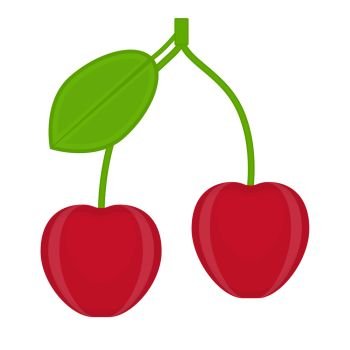 Cherry fruit icon isolated. Vector illustration of cherry with leaf isolated on white background. Red berries in flat style.