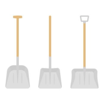 Vector illustration of scoop shovels isolated on white background. Work tool in flat style, for snow removal, digging, gardening. Construction equipment.. Snow shovels isolated