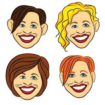 Four laughing female faces with amusing grimaces, hand drawing cartoon color vector illustrations isolated on the white background