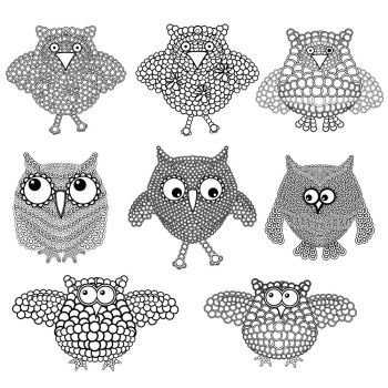 Set of eight amusing ornate black and white owls with circles isolated on the white background, vector illustration