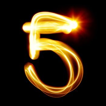 Five - Created by light numerals over black background