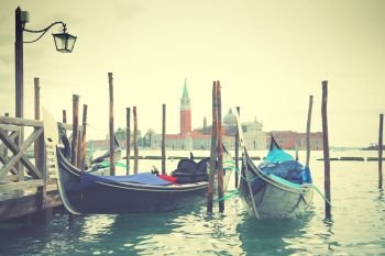 Gondolas in Venice, Italy. Retro style image