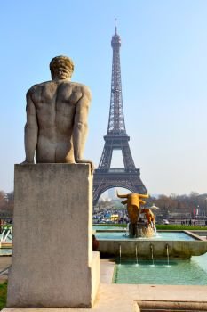 Sculptures on Trocadero and Eiffel Tower in Paris, France
