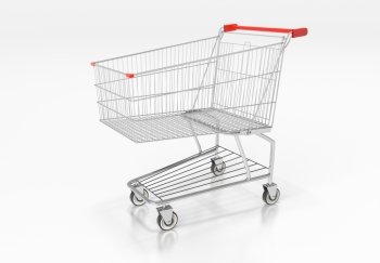 Shopping cart with red handle on white glossy background. 3d render