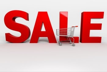 Big red 3d word Sale with shopping cart on white background. 3d render