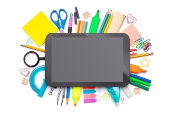School concept. Tablet over school supplies isolated on white background. Top view