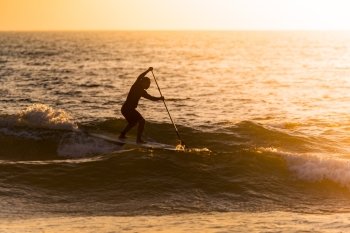 Stand up paddler silhouette at sunset. Concept about sport, surf, vacations and people.
