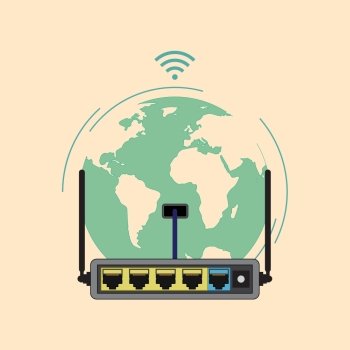 Wi-Fi router. The router is on the background of the globe. Connect via Wi Fi. Vector icon in flat style.