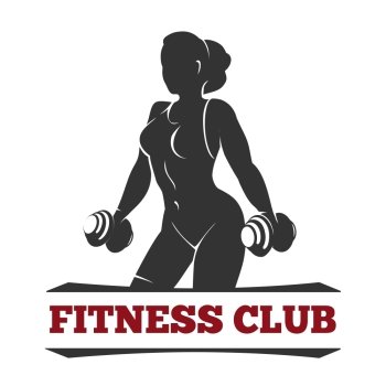 Fitness club or gym emblem or poster design template. Silhouette of athletic woman with dumbbells. Free font used.