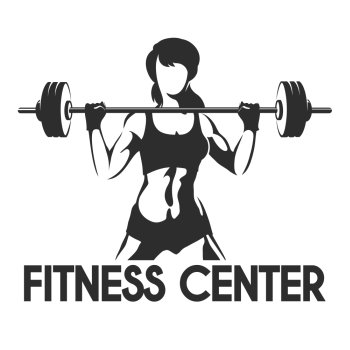 Fitness Center or Gym emblem. Sporty woman silhouette with barbell. Power lifting exercises concept. Vector illustration.
