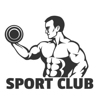 Bodybuilding. gym or sport club emblem. Bodybuilder doing exercise for biceps. Vector illustration.