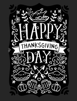 Vector thanksgiving illustration with roasted turkey, vegetables, leaves and text happy thanksgiving day on black background. Flat hand drawn line art style black white design for greeting card, poster, web, site, banner, print