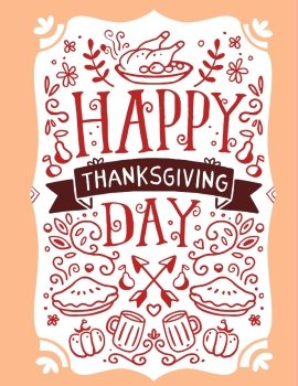 Vector thanksgiving illustration with roasted turkey, vegetables, leaves and text happy thanksgiving day on orange background. Flat hand drawn line art style celebration design for greeting card, poster, web, site, banner, print