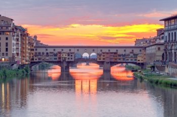The old medieval bridge Ponte Vecchio in Florence at sunset.. Florence. Ponte Vecchio.