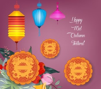 Chinese mid autumn festival background with polygonal lantern and cake