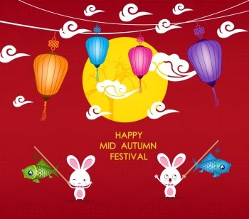 happy Mid Autumn Festival background with rabbit and lotus lanterns