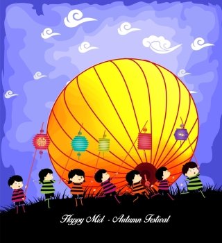 Mid Autumn Festival background with kids playing lanterns